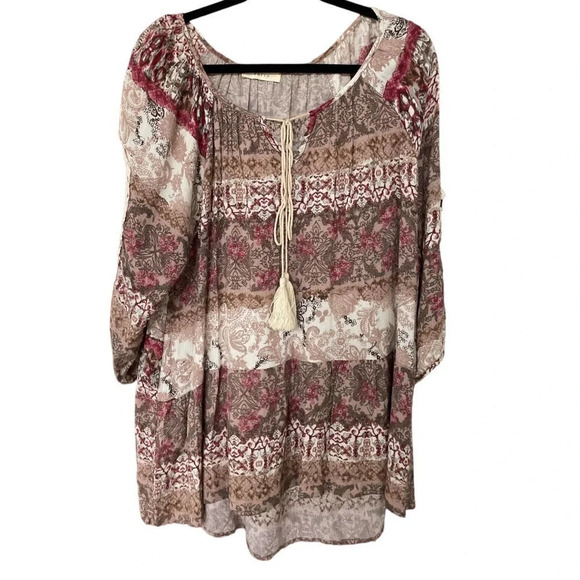 Entro Women's Boho Drawstring Mini Dress with Lace Overlay Size Medium - Picture 1 of 5